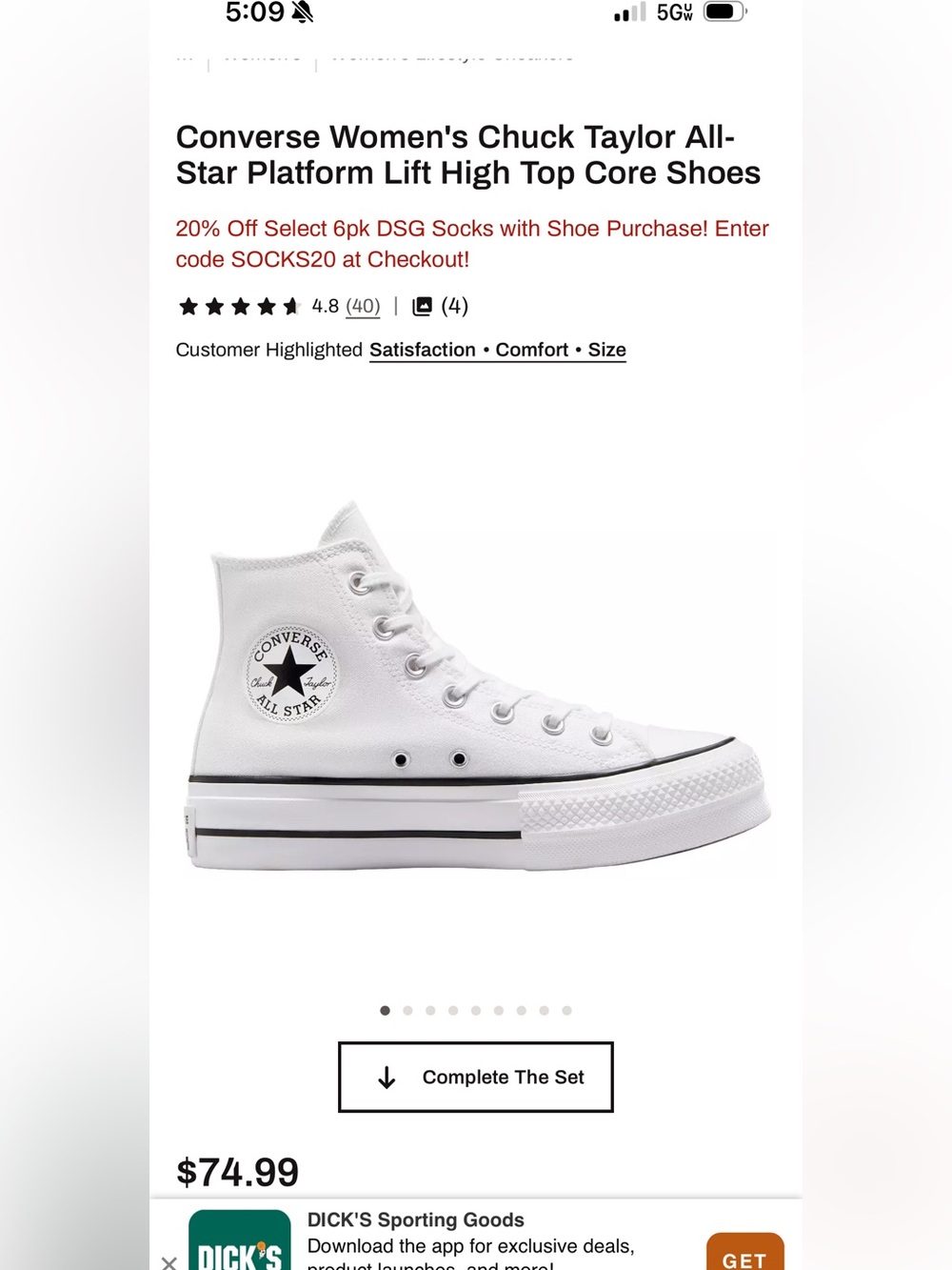 Converse White High Top Platform Sneakers US 5.5